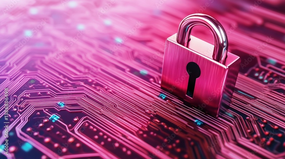 Poster a close-up of a metallic padlock on a vibrant digital circuit background, symbolizing cybersecurity 