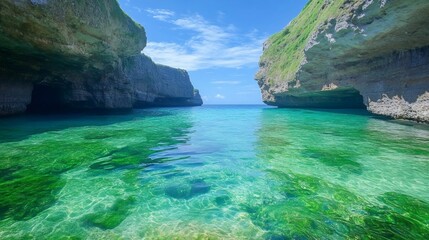 Fototapeta premium Crystal clear water flowing between two rocky cliffs creating a natural swimming pool