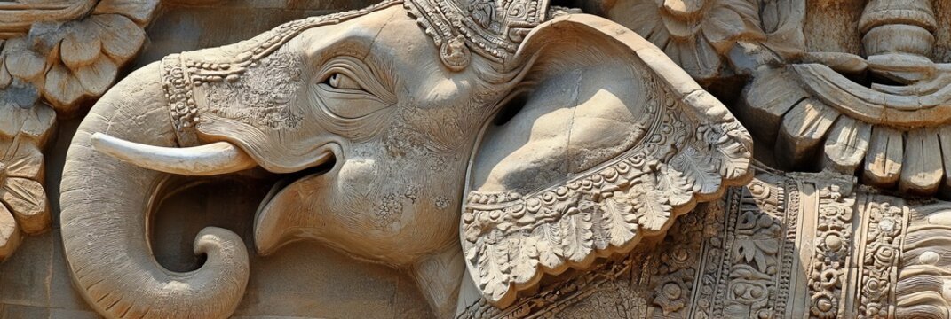 Stone carving depicting an elephant with tusks and decorative elements.