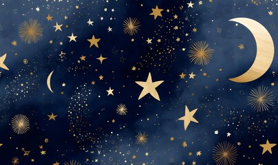 moon, stars in a gold and midnight blue colour theme, Generative AI