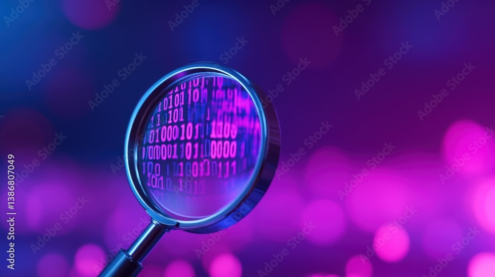 Poster a magnifying glass focuses on binary code against a vibrant purple background, symbolizing data anal