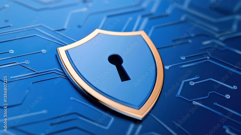 Poster a digital shield icon with a keyhole on a circuit board background, symbolizing cybersecurity and da