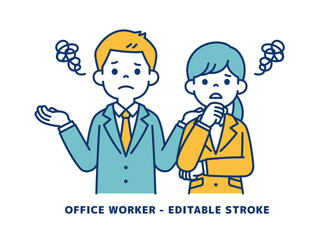 困り果てる、若い男女の会社員のベクターイラスト素材＿＿線の編集可能