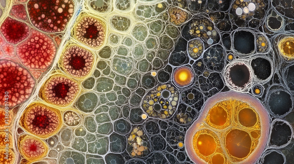 Poster abstract close-up of colorful cellular structures with organic shapes and