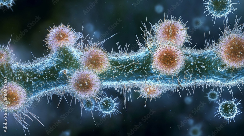 Poster microscopic view showing spherical organisms attached to a filament structure.