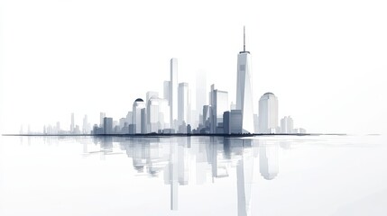 Obraz premium White background, city skyline, vector illustration style, simple lines, high-end aesthetic, light gray and white color scheme, urban architecture illustration
