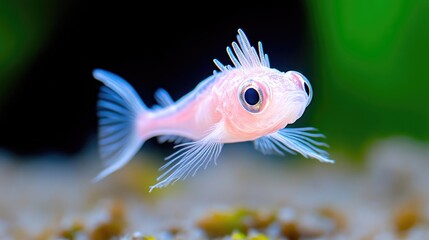 Fototapeta premium Pink Fish with Spines, Aquatic Scene, High-resolution Macro Shot, Close-up View, Delicate Fins, Swimming in Tank, Underwater World, Pale Pink Hues, Nature Photography