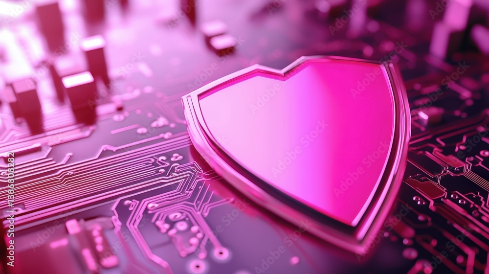 Poster a close-up of a pink shield symbol on a circuit board background, symbolizing digital security and p