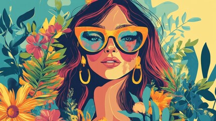 70's woman retro groovy Hippie Girl with plants and flowers illustration