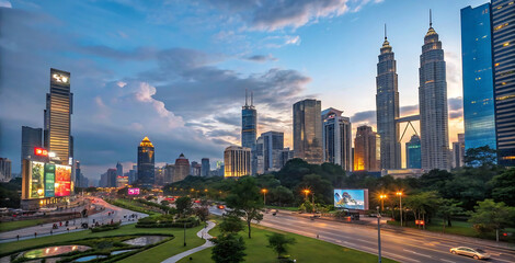 Naklejka premium Stunning Cityscape: Vibrant Lights and Beautiful Urban Landscape at Dusk