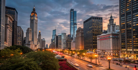 Fototapeta premium Stunning Cityscape: Vibrant Lights and Beautiful Urban Landscape at Dusk