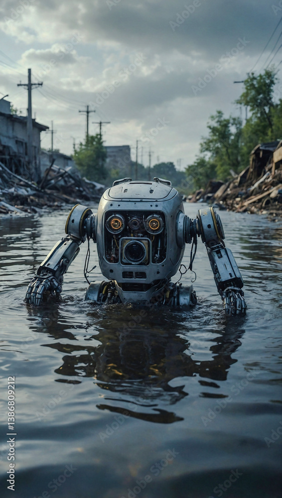 Poster hyper-realistic ai robot in a polluted water scene.