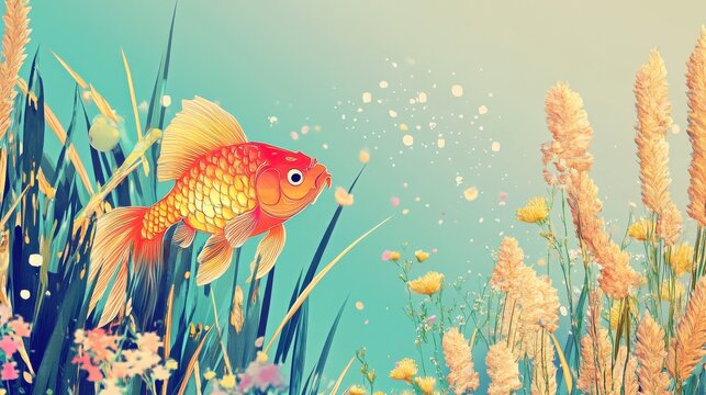 Persian new year nowruz wheat grass sabzeh gold fish Hyacinth sonbol apple wide light background, generative ai illustration