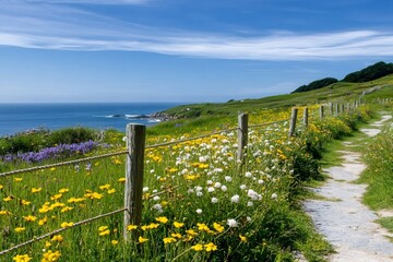 Fototapeta premium Coastal path winding through colorful wildflowers overlooking the ocean in spring