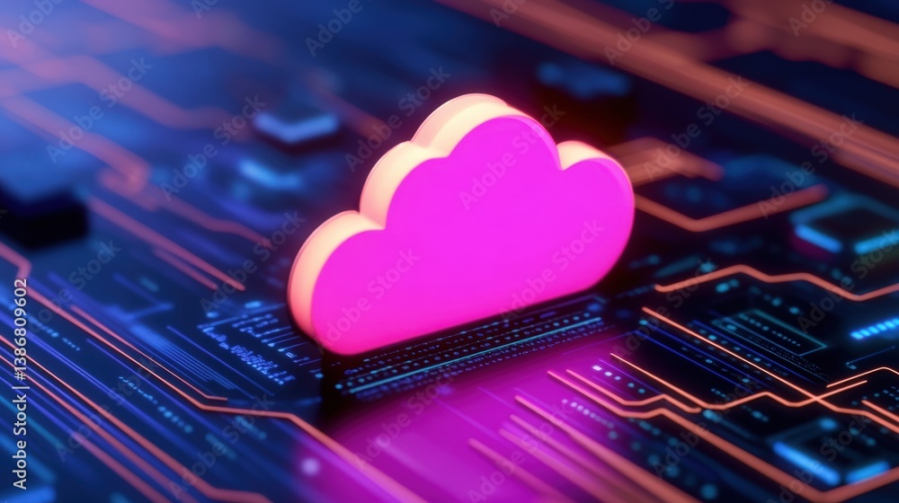 Poster a vibrant, stylized cloud icon sits atop a digital circuit background, symbolizing cloud computing a