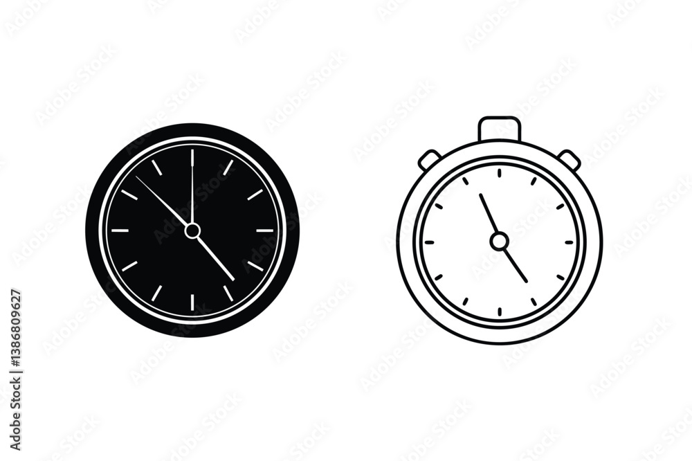 Poster clock and stopwatch vector icons set minimalist time management design elements
