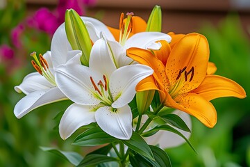 Obraz premium Beautiful Lily Flowers in White, Orange, and Green Garden Setting