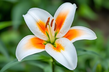 Fototapeta premium Elegant White Lily with Vibrant Orange Highlights in Bloom