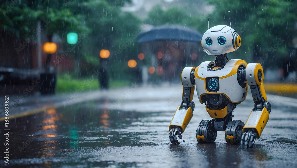 Poster hyper-realistic ai robot in a rainy environment.
