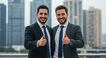 Fototapeta premium Confident Businessmen Giving Thumbs Up in a Modern City AI Generated