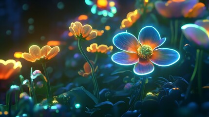 Glowing flowers in a dark garden with bright colors and