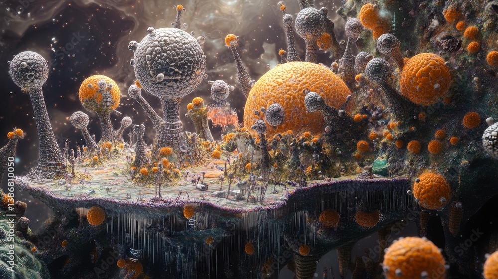 Aufkleber surreal landscape with mushroom-like structures and spherical shapes in a