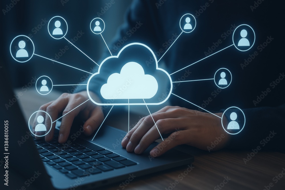 Poster cloud computing concept: a modern cloud computing concept with a person operating a laptop and conne