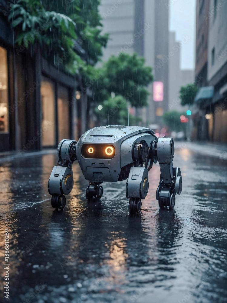 Aufkleber hyper-realistic ai robot in a rainy environment.