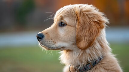 Golden retriever puppy with soft fur, gentle gaze, warm light. Pure joy and innocence in a tender moment.
