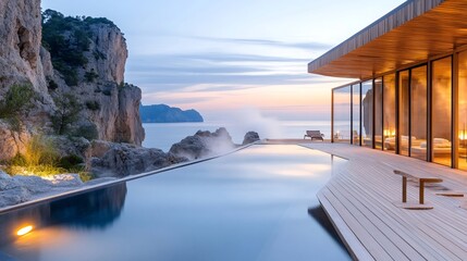 Luxury infinity pool overlooking mediterranean sea at sunset in mallorca
