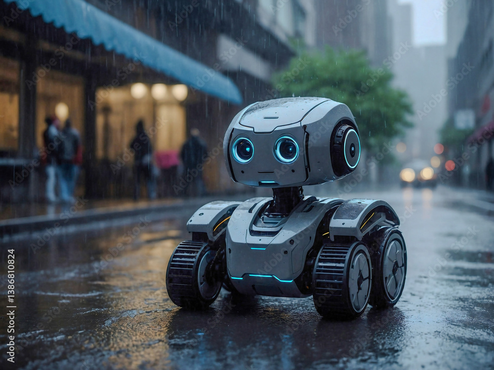 Aufkleber hyper-realistic ai robot in a rainy environment.