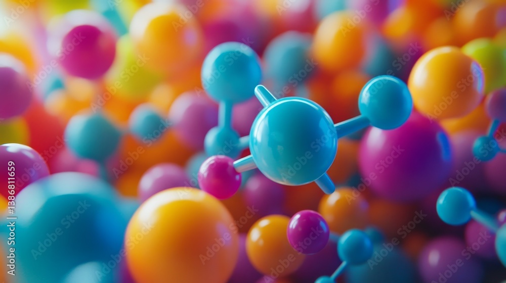 Poster colorful abstract molecular structures with spheres and connecting lines in