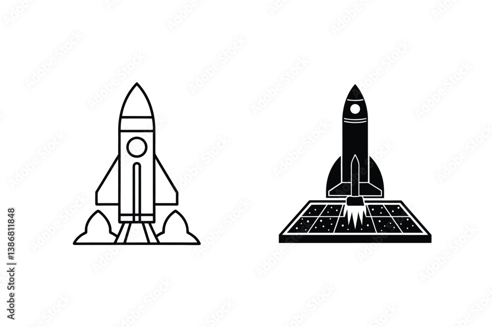 Poster rocket launch icons depicting space exploration and technological advancement in simple line art sty