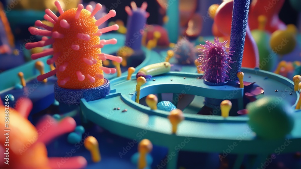 Poster colorful abstract microscopic cell structure with various shapes and textures.