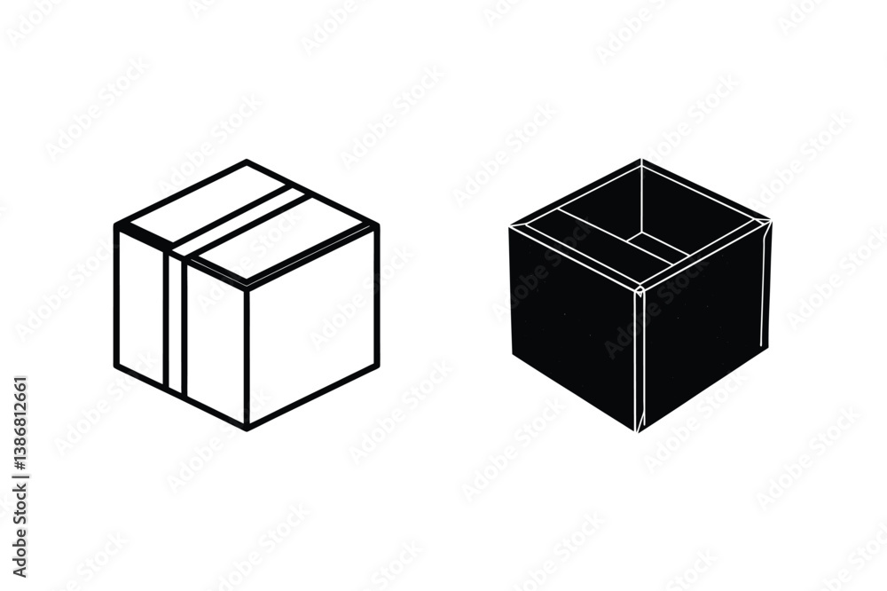 Poster Outline Illustration Of Closed And Open Cardboard Box Package With No Background