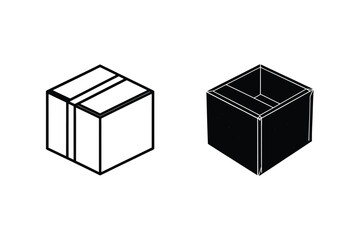 Outline Illustration Of Closed And Open Cardboard Box Package With No Background