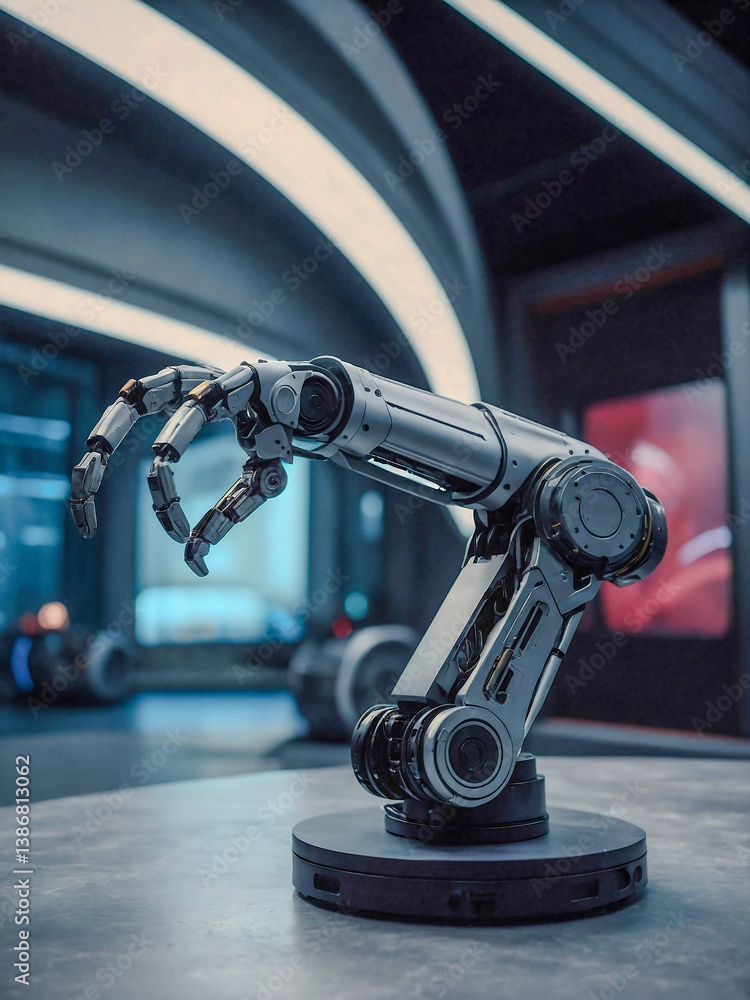 Poster hyper-realistic ai robotic arm in a futuristic setting.