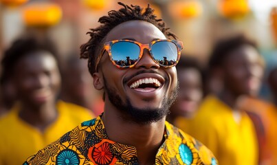 Obraz premium African football supporters enjoying themselves while cheering on their preferred side - Sport entertainment idea, 