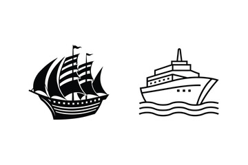 Vector Illustration Of Old Sailing Ship And Modern Cruise Liner Silhouette