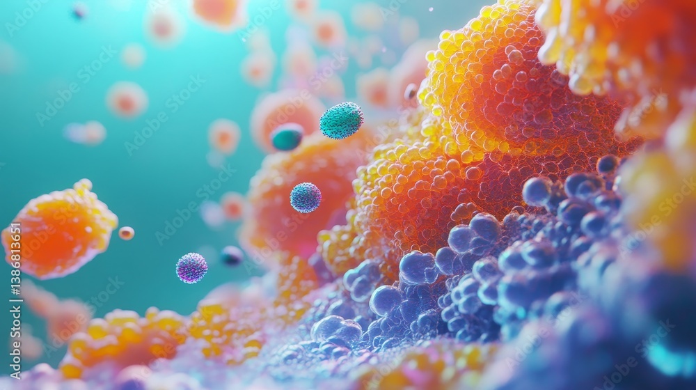Poster abstract colorful microscopic view of cells or particles in a