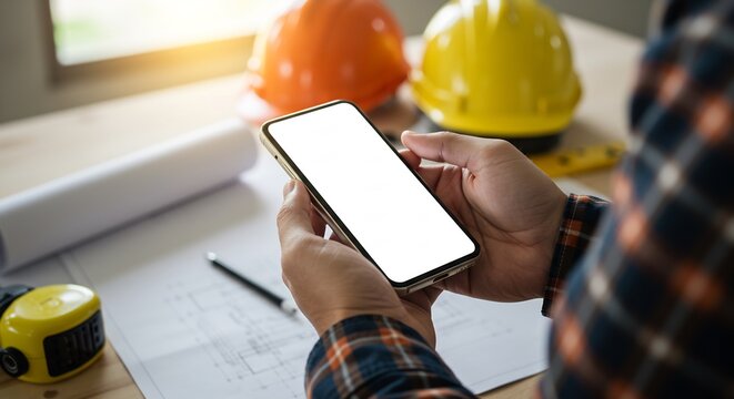 Construction Worker Using Smartphone App for Project Management and Blueprint Review - Powered by Adobe