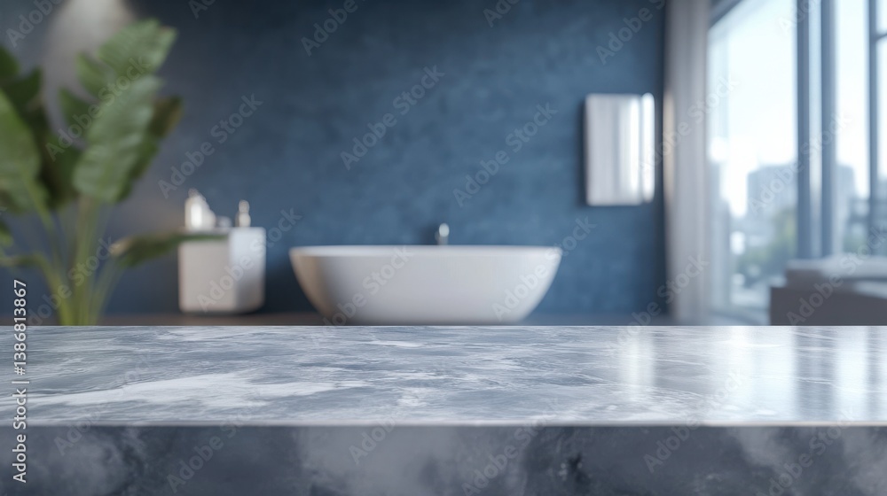 Poster 3d rendering of an empty marble top table with a blurred bathroom interior background for product di