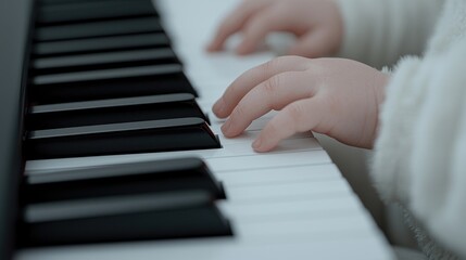 Obraz premium Child's hands playing piano keys. Close-up view of a child's small hands gently pressing piano keys
