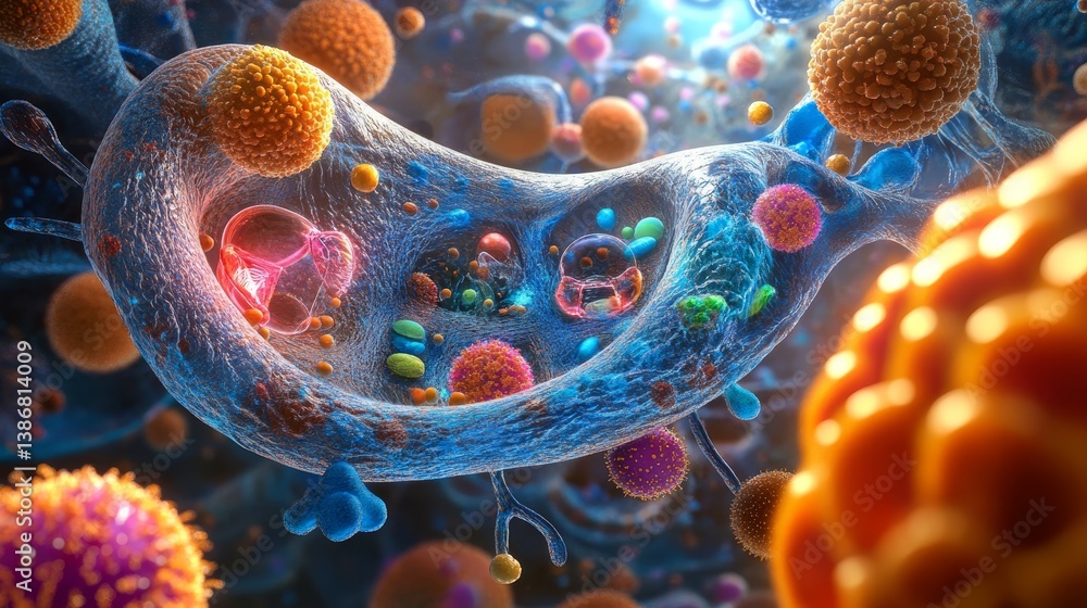Poster microscopic view of cells with various colors and shapes in
