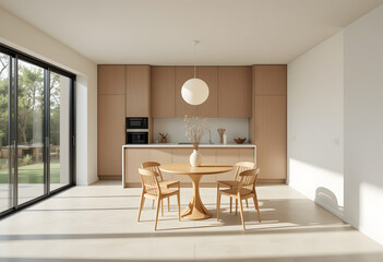 Fototapeta premium Modern Minimalist Kitchen with Island and Scenic Mountain View