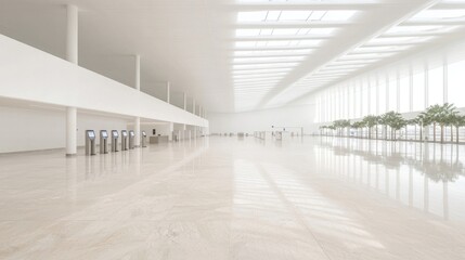 Naklejka premium Modern, spacious, white interior design. Empty hall with polished floors, high ceilings, and natural light