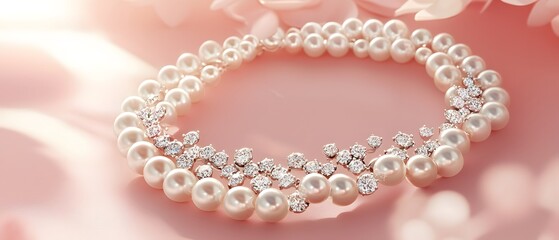 Fototapeta premium Elegant Pearl Necklace with Sparkling Diamonds on Soft Background