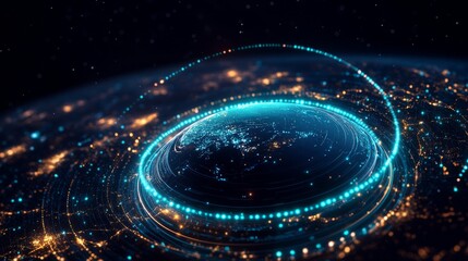 Abstract globe Blue, orange, luminous lights swirling around, creating a futuristic network connection visualization