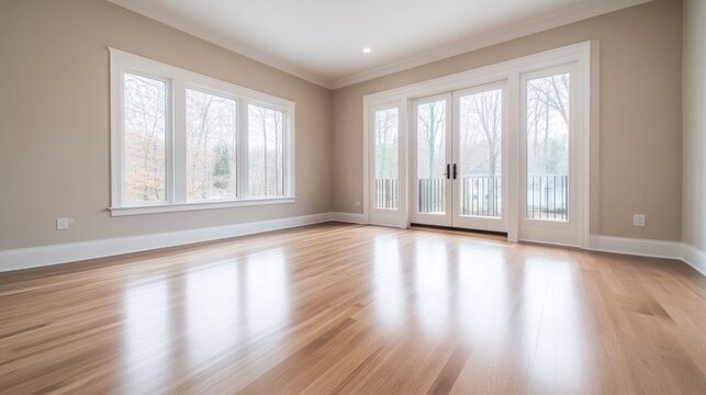 Empty room with hardwood floors, large windows and French doors