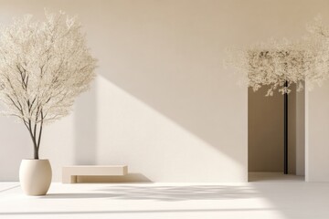 Minimalist, sunlit interior scene with potted trees and a bench